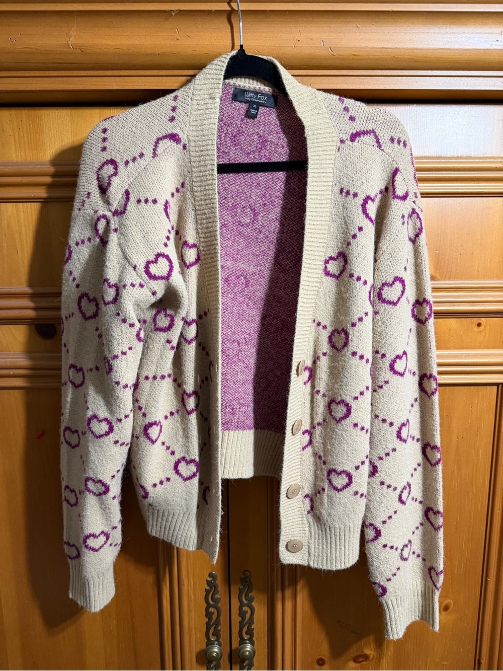 Wildfox Cream Cardigan with Purple Heart Pattern